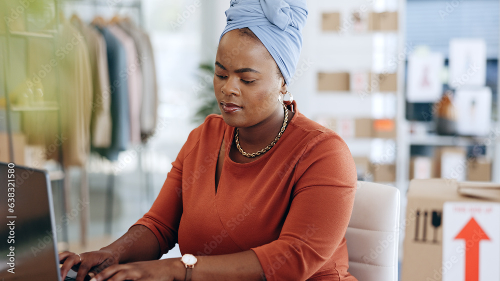 Black woman, laptop and typing in logistics for schedule delivery, order or ecommerce in fashion bus