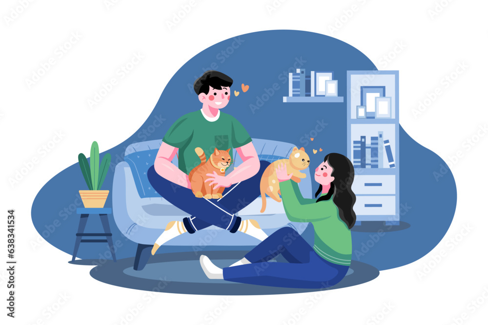 Couple pampering cat Illustration concept on white background