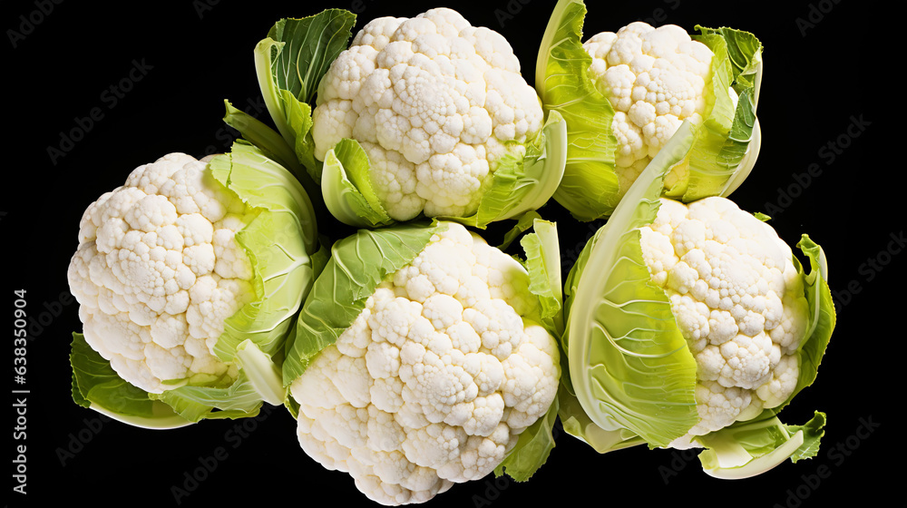 Fresh cauliflowers with water drops background. Vegetables backdrop. Generative AI