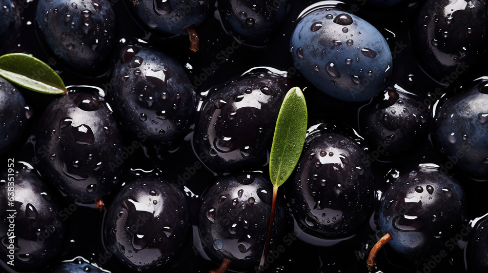 Black olives with leaves and water drops background. Vegetables backdrop. Generative AI