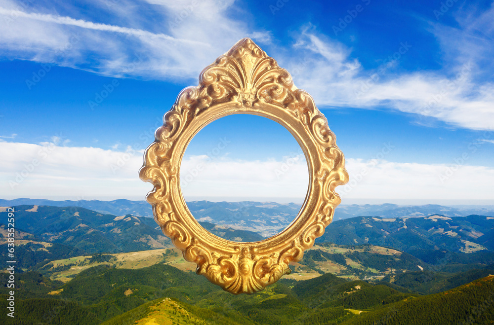 Vintage frame and beautiful mountains under blue sky with clouds