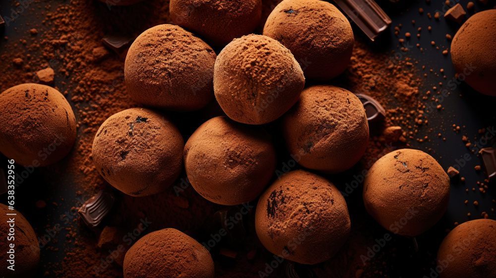 Chocolate truffles background, top view. Sweet cocoa candy. Generative AI