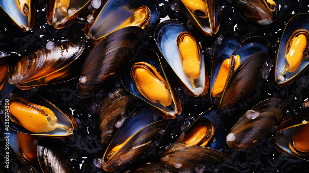 Raw Mussels on ice in the restaurant . Fresh seafood shellfish background. Generative AI