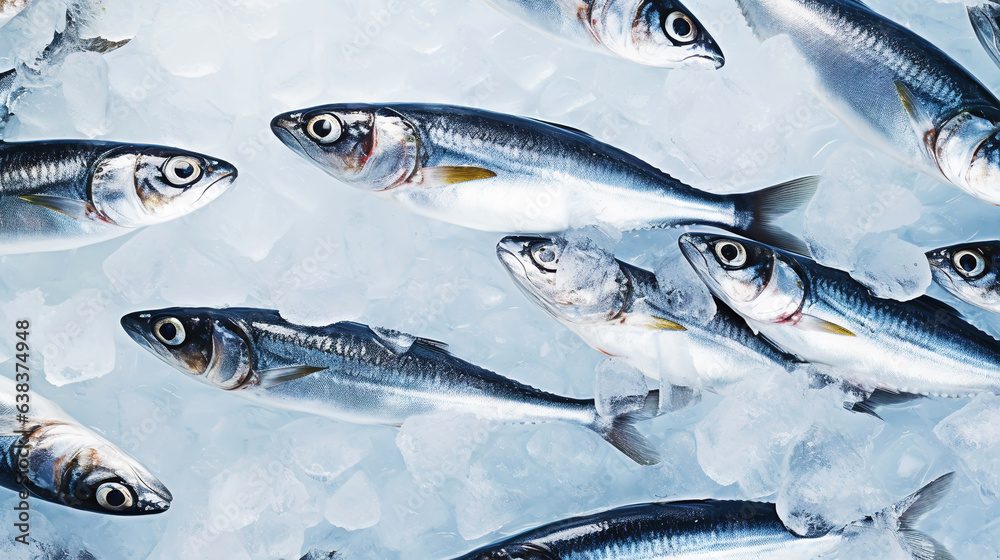  Fresh sardines on ice. Seafood background. Generative AI