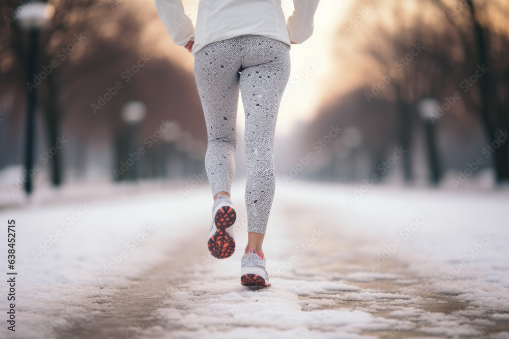 Legs of a female runner jogging in a park on a winter afternoon