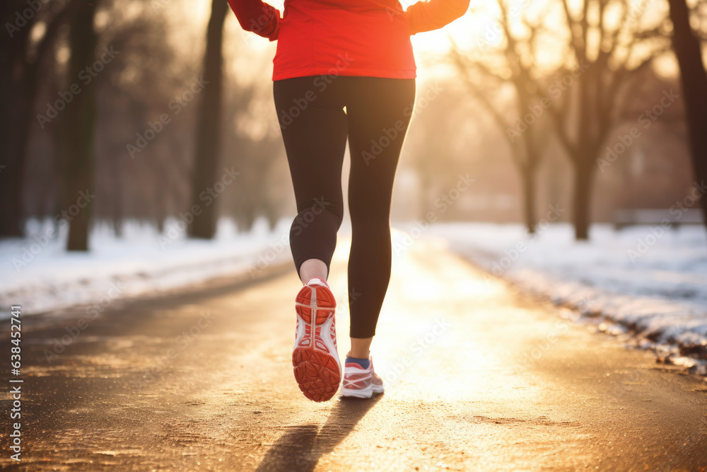 Legs of a female runner jogging in a park on a winter afternoon