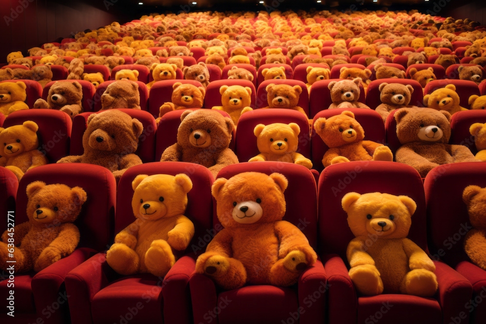 Many teddy bears in red cinema seats , theater audience or movie public concept image