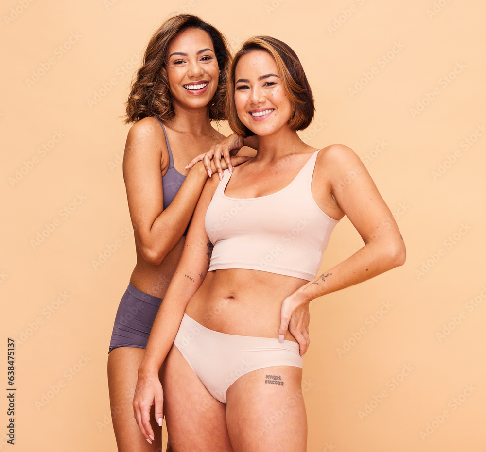 Beauty, diversity and body with portrait of women in studio for health, smile and cosmetics. Spa, se