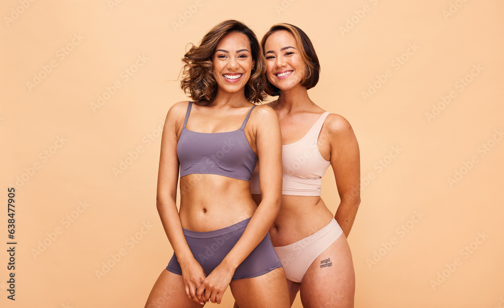 Beauty, body and smile with portrait of women in studio for health, diversity and cosmetics. Spa, se