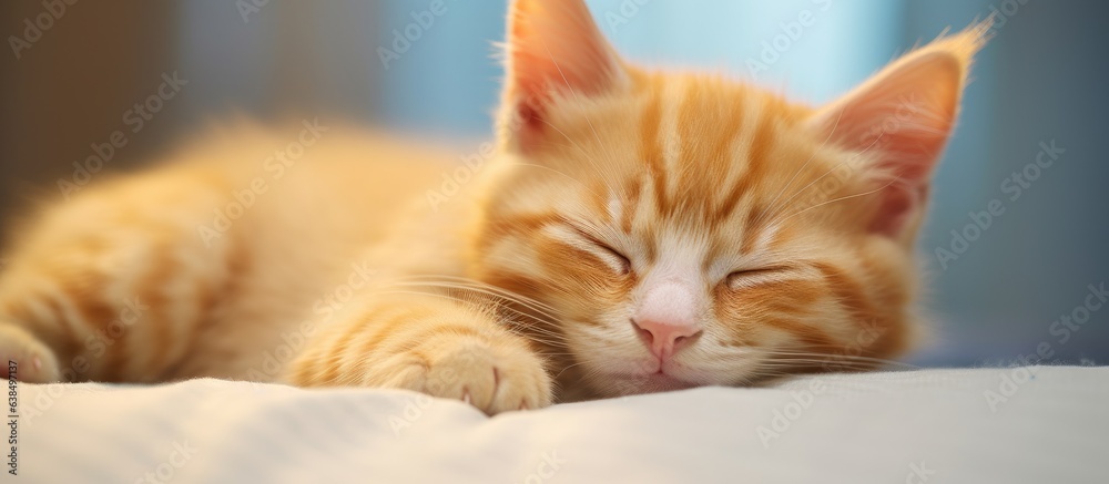 Photo of a drowsy and playful orange fluffy kitten that just woke up