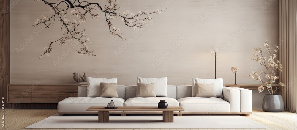 Minimal modern Japanese living room with white and beige wallpaper wooden walls parquet floor fabric