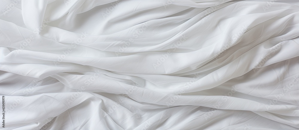 Textured white fabric with decorative pleats Bed linen and textiles in the room Textile surface Empt