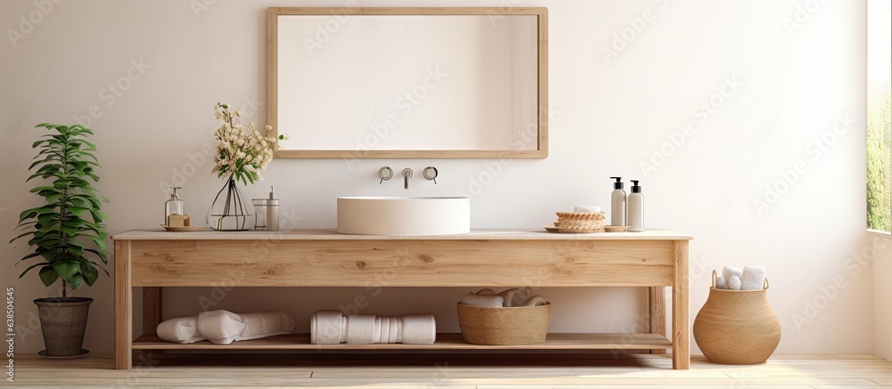 Table devoid of content and indistinct bathroom interior