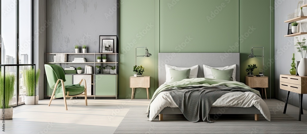 Trendy roomy flat with a chic green grey and white pastel palette large window and ornate walls Hous