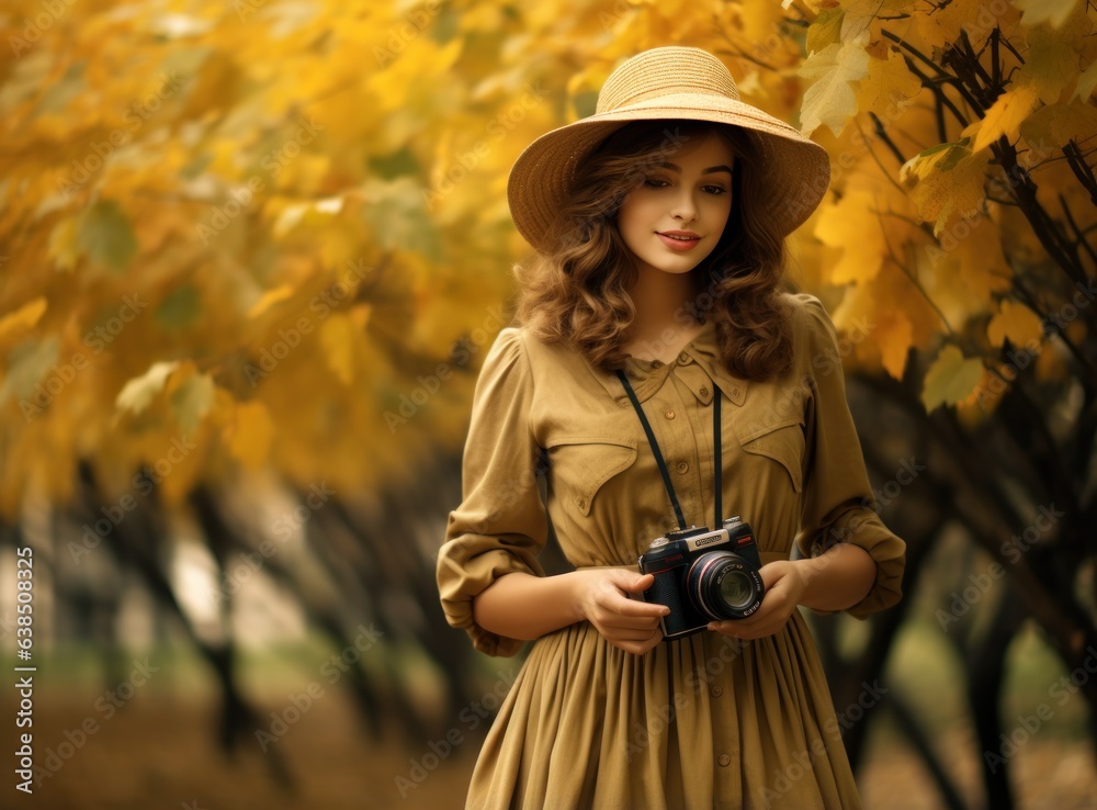 Beautiful female autumn woman with camera in park