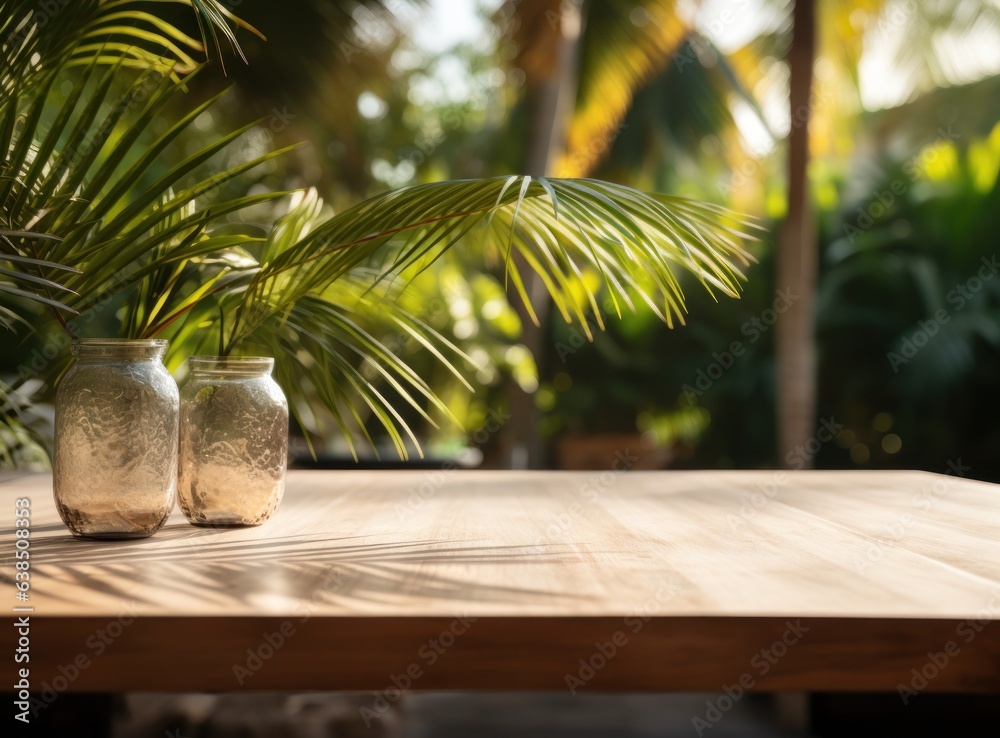 Natural podium on green forest background