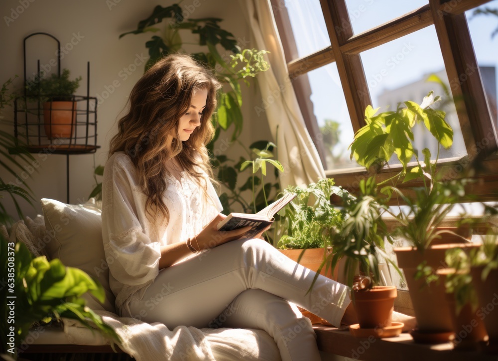 Young woman reading book in room inside balcony house with potted plants