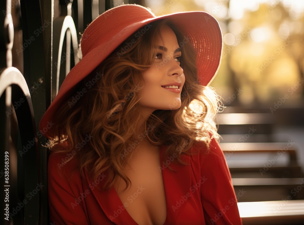 Beautiful woman is sitting on a bench in park in autumn season