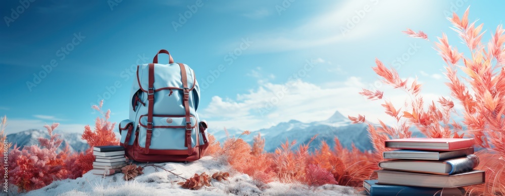 Books with backpack over the sky and some falling leaves