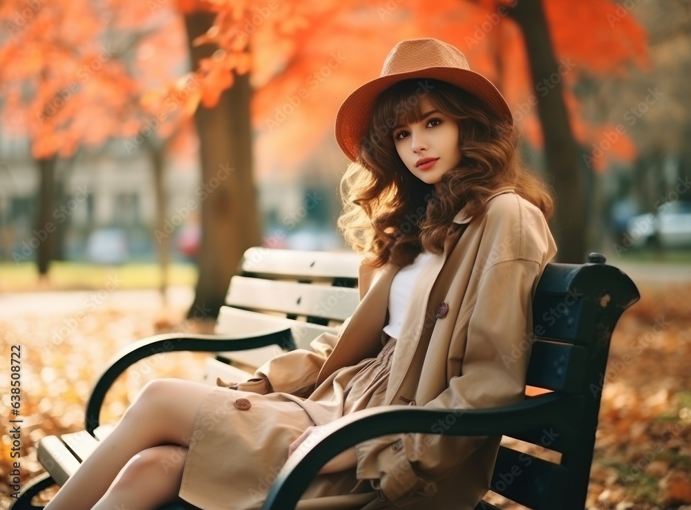 Beautiful woman is sitting on a bench in park in autumn season