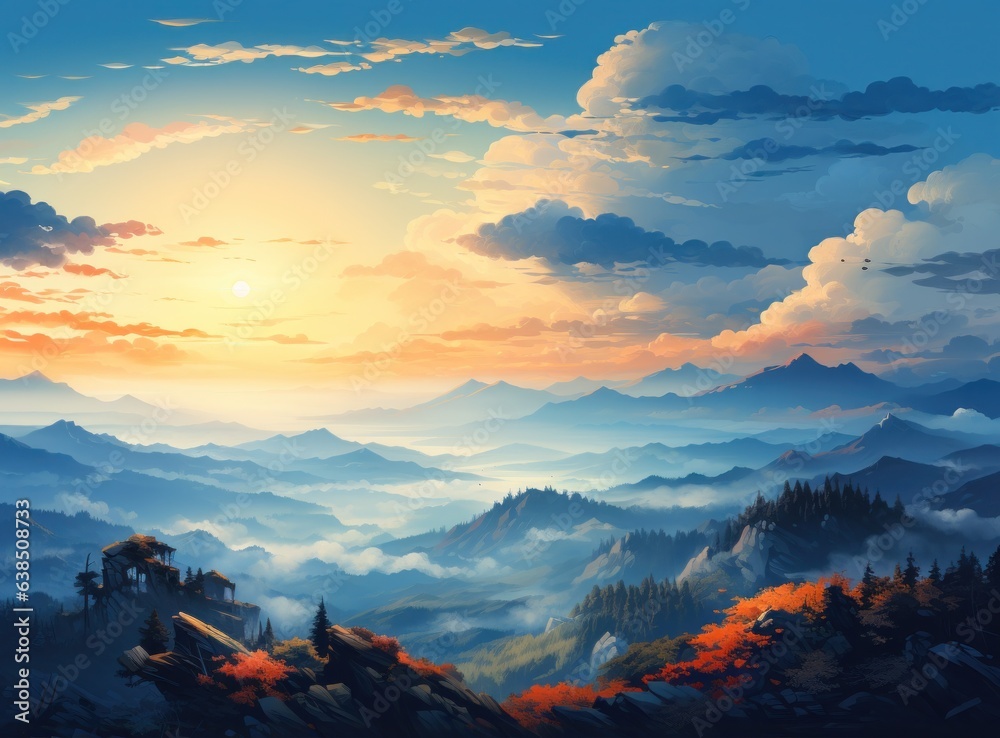 Mountain landscape with blue skies and orange colors