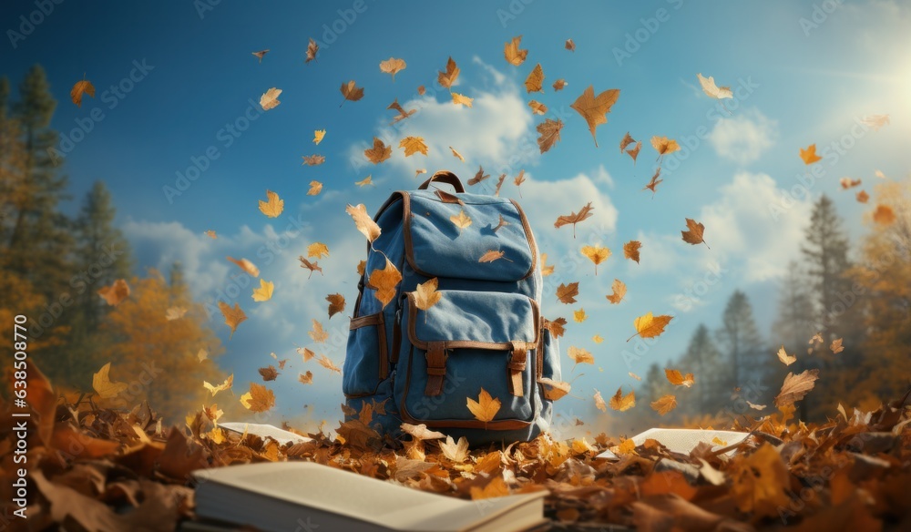 Books with backpack over the sky and some falling leaves