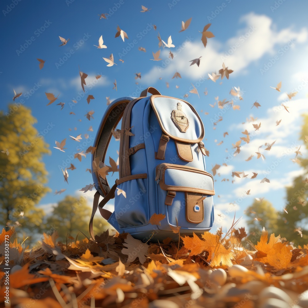 Books with backpack over the sky and some falling leaves