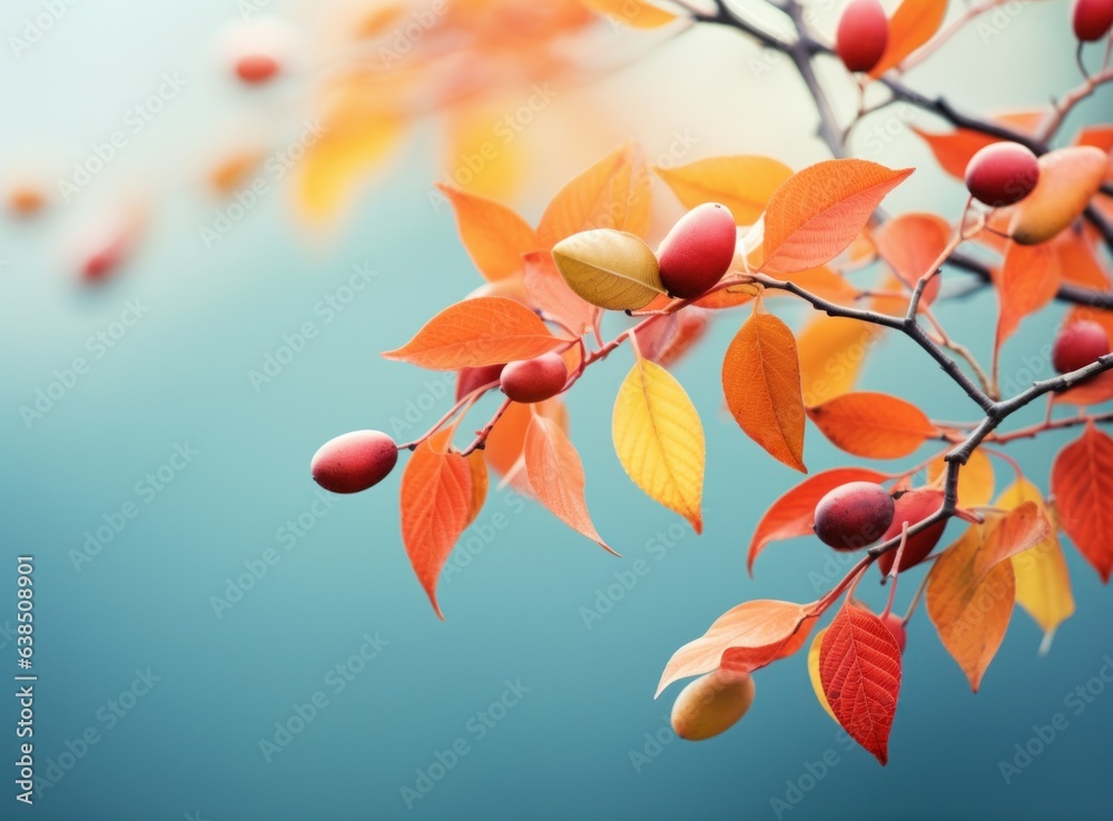 Autumn leaves on blue sky background