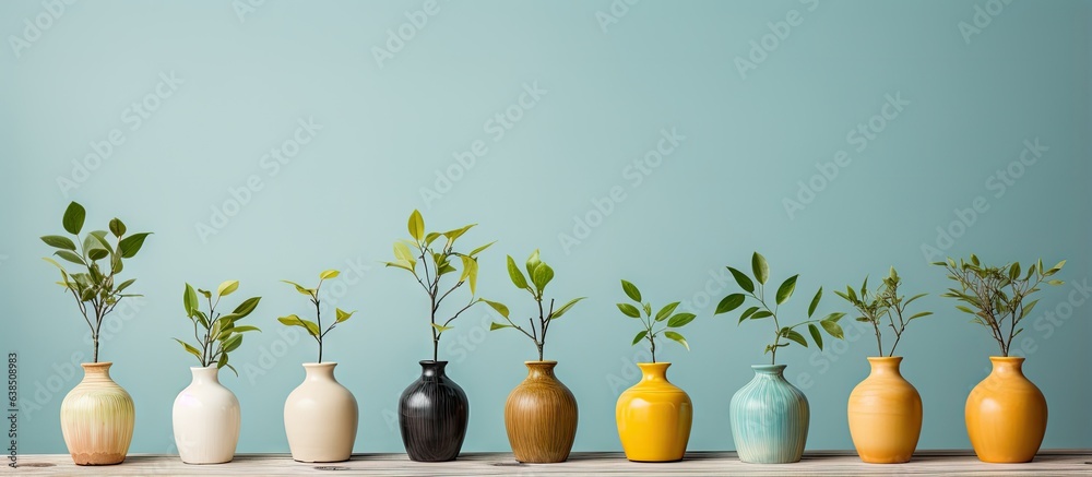 Different shaped ceramic vases hold small trees and green leaves on a wooden desk