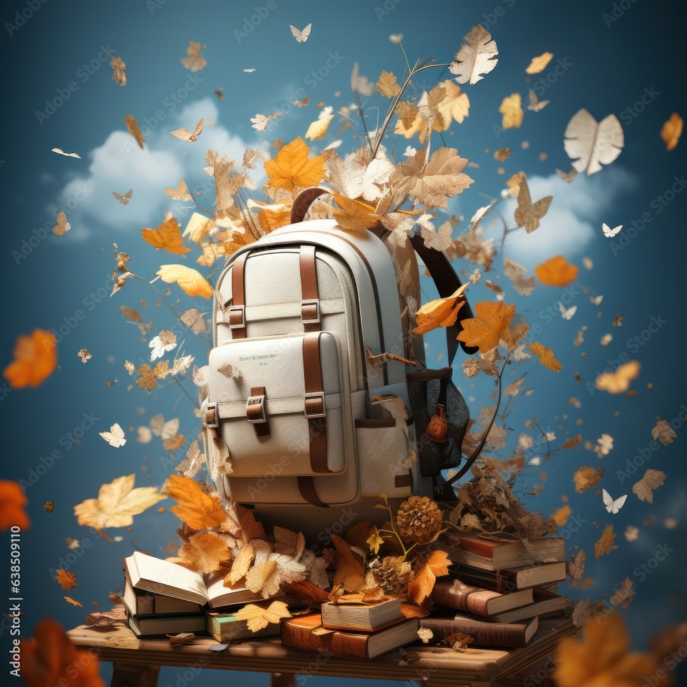 Books with backpack over the sky and some falling leaves