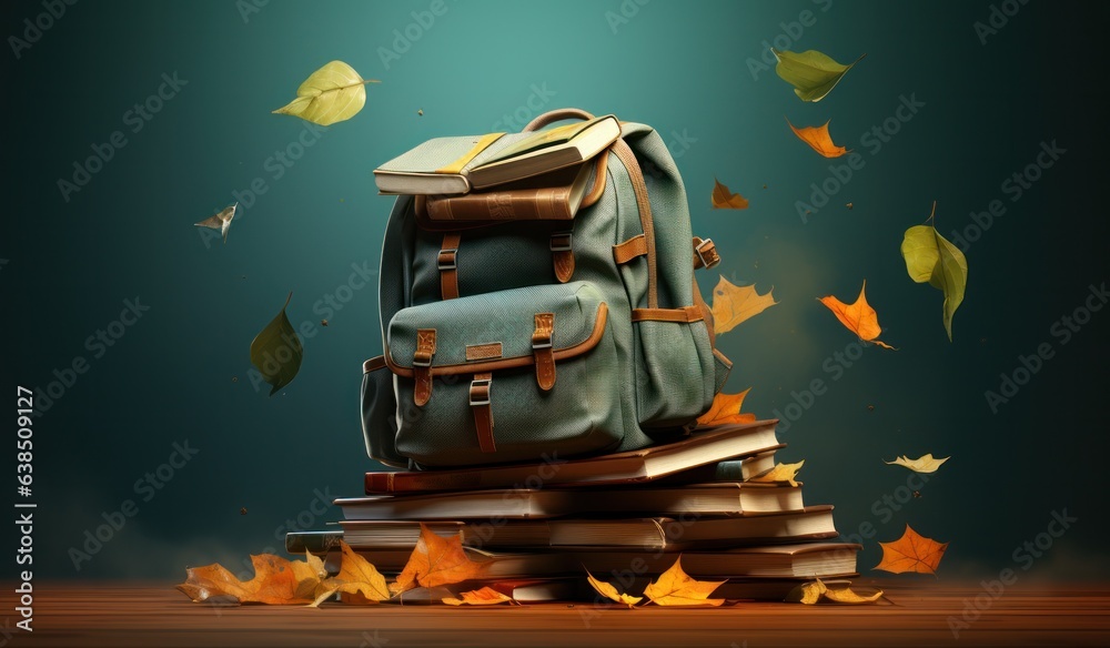 Books with backpack over the sky and some falling leaves