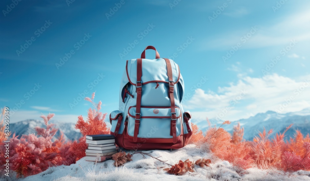 Books with backpack over the sky and some falling leaves