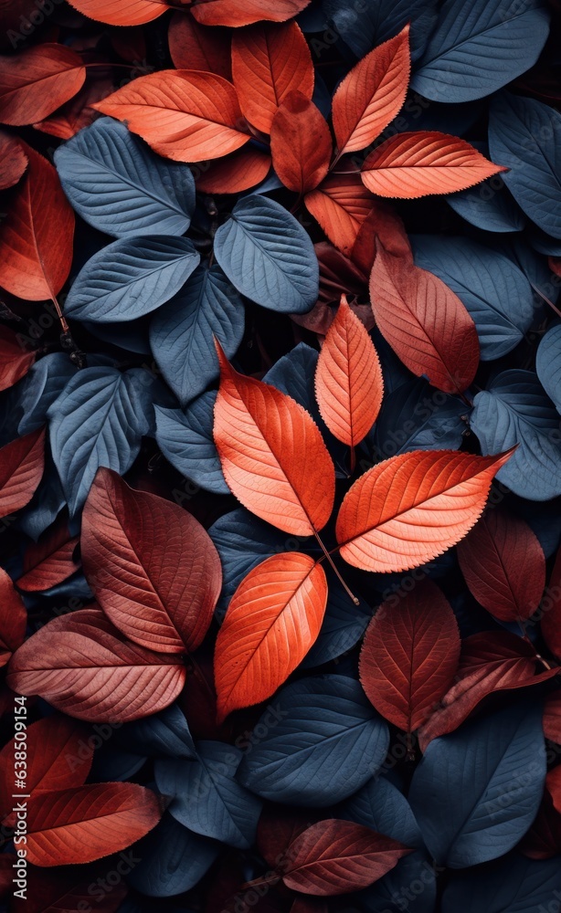 A dark background with many leaves in the foreground