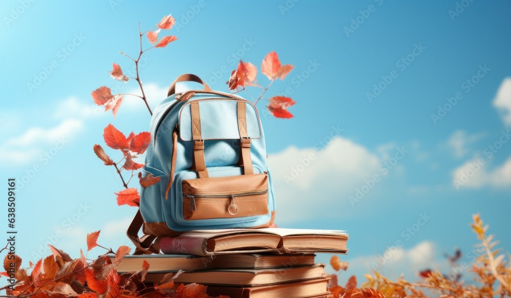 Books with backpack over the sky and some falling leaves