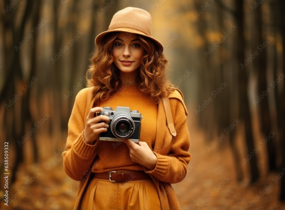 Beautiful female autumn woman with camera in park