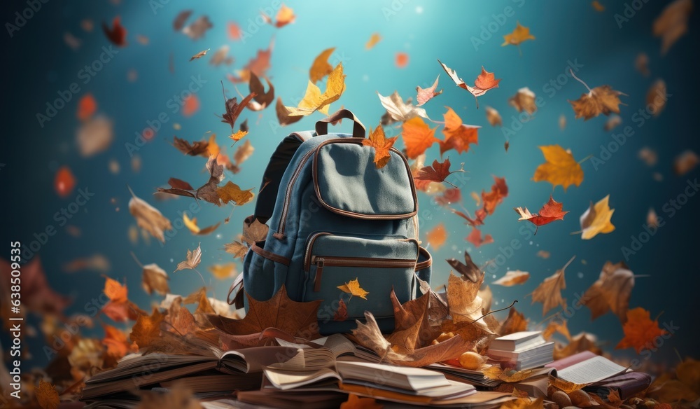 Books with backpack over the sky and some falling leaves