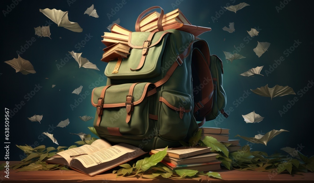 Books with backpack over the sky and some falling leaves