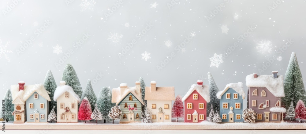 Christmas tree decorated with gifts and text space surrounded by wooden houses in soft tones