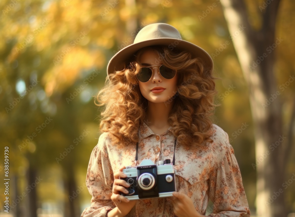 Beautiful female autumn woman with camera in park