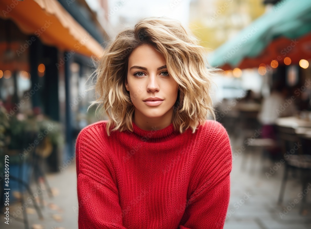 Blonde woman in red sweater looks at camera while sitting on street