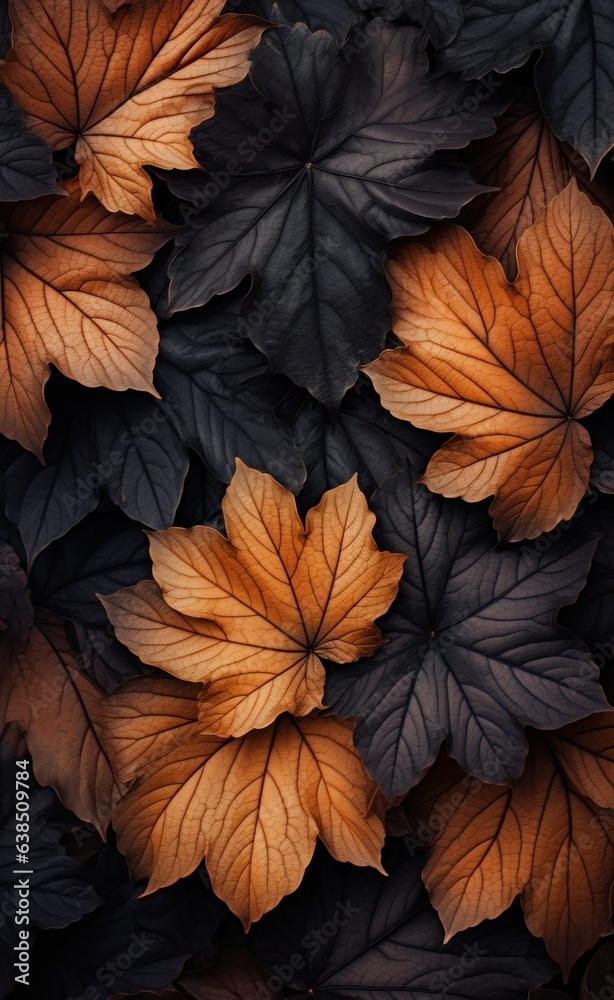 A dark background with many leaves in the foreground