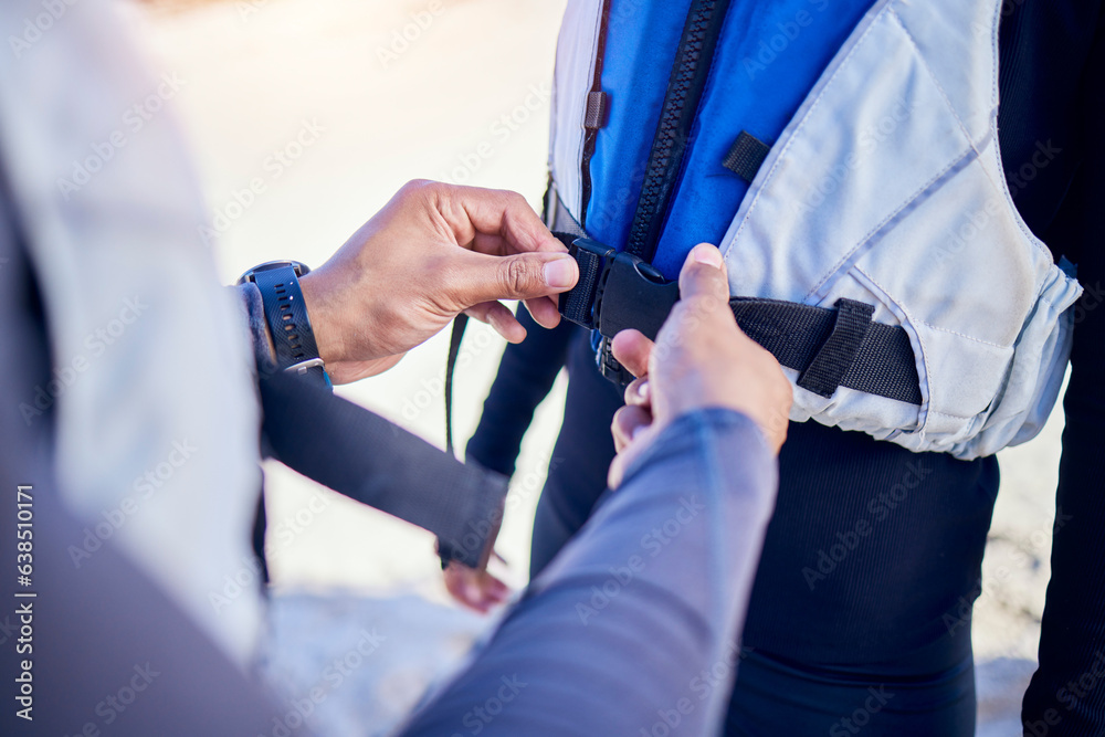 Person, hands and helping with life jacket for safety, security and people prepare for water, boat a