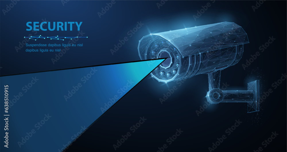 Security camera. Vector low pole illustration. Isolated on blue. Security system, smart home concept