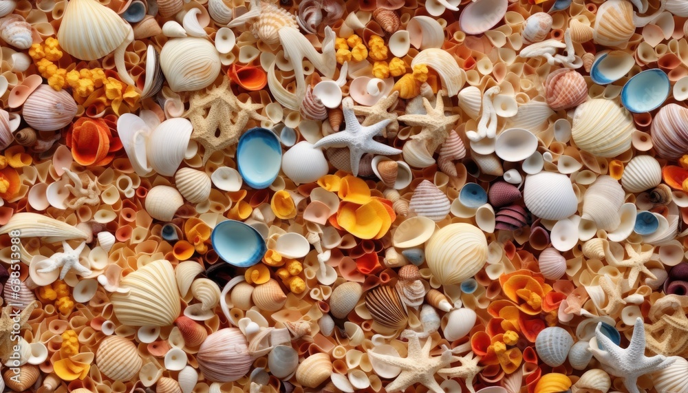 Top view of colorful seashell collection background.