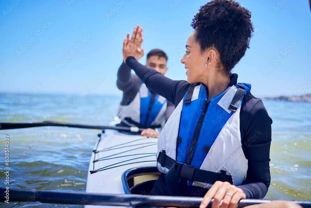 Water, high five with man and woman in kayak winning at lake, beach or river race for exercise chall