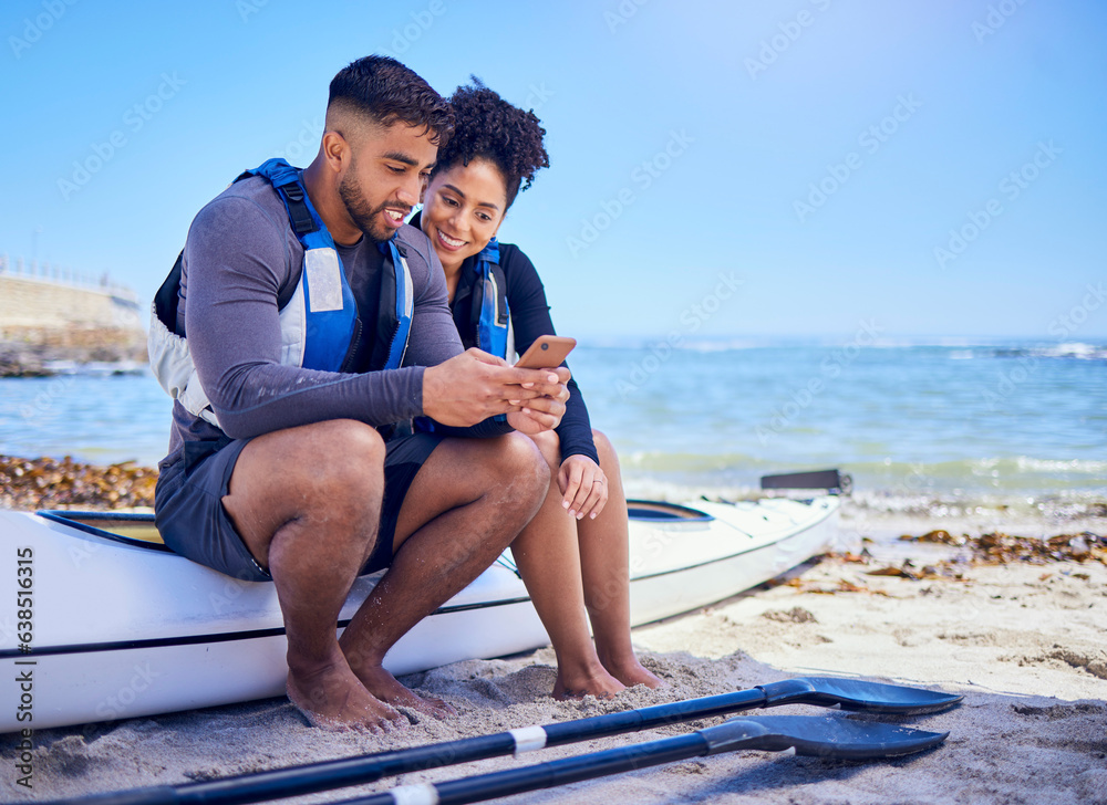 Couple, phone and outdoor for kayak or travel at a beach with internet connection or chat. A man and