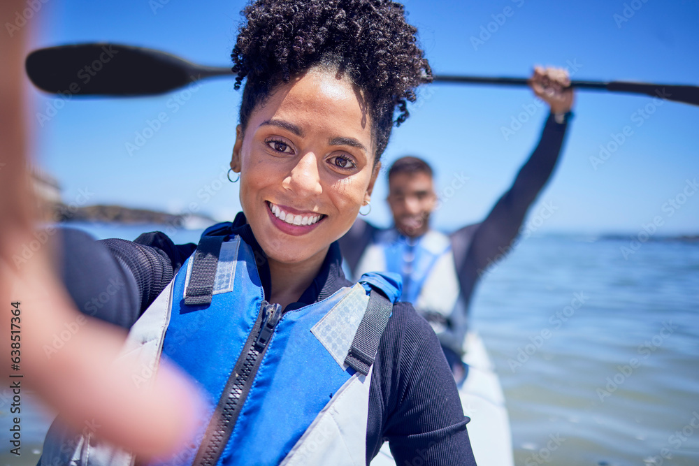 Ocean, kayak and couple with selfie, beach and summer vacation with memory, honeymoon and social med