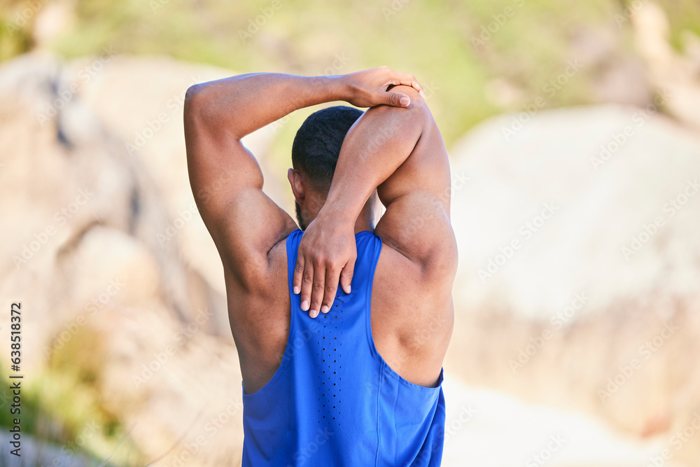 Man, fitness and back in stretching on beach for workout, exercise or outdoor training in sports. Re