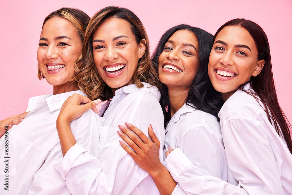 Women, friends smile and portrait in studio with natural beauty, diversity and white shirt with laug