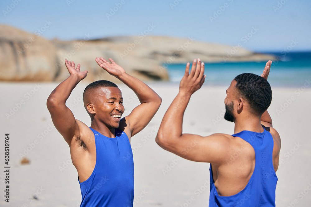 Happy man, friends and high five in fitness on beach for workout success, training or outdoor exerci